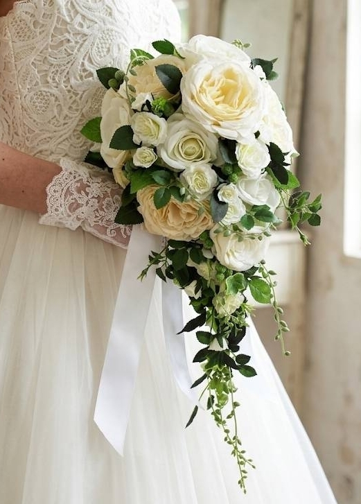 キャスケードブーケ 薔薇　白系｜造花ウェディングブーケ（アーティフィシャルフラワー）