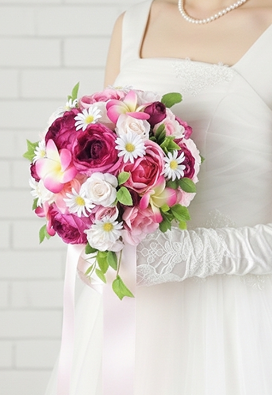 ラウンドブーケ バラ　ピンク系　ローズ系 造花ウェディングブーケ｜アーティフィシャルフラワー