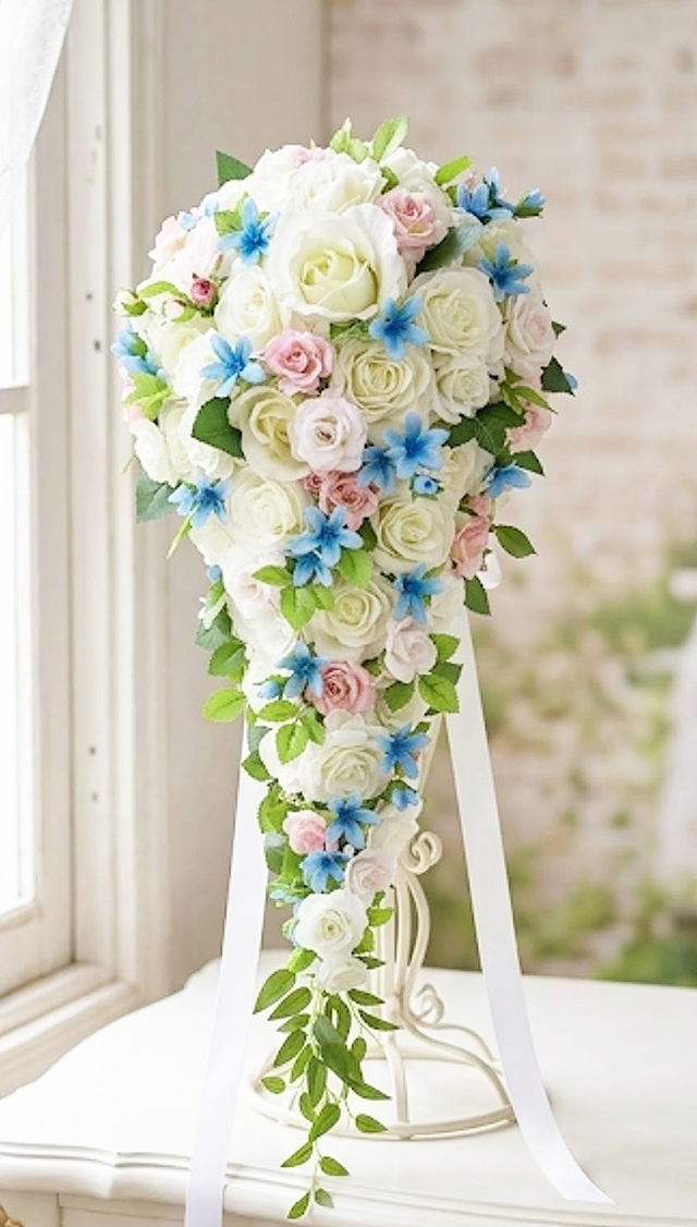 キャスケードブーケ  白＆ブルー＆ピンク系｜造花ウエディングブーケ（アーティフィシャルフラワー）