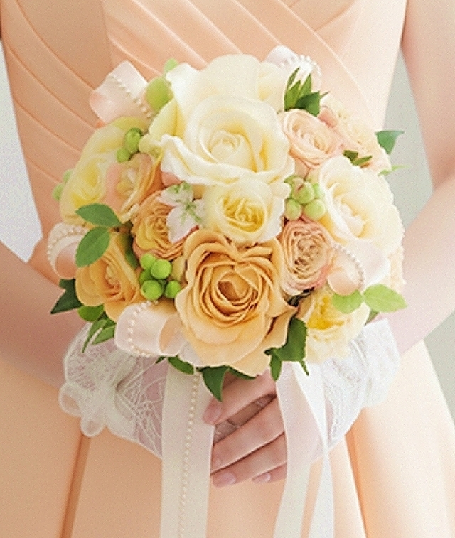 ラウンドブーケ バラ　イエロー×オレンジ系 造花ウェディングブーケ｜アーティフィシャルフラワー