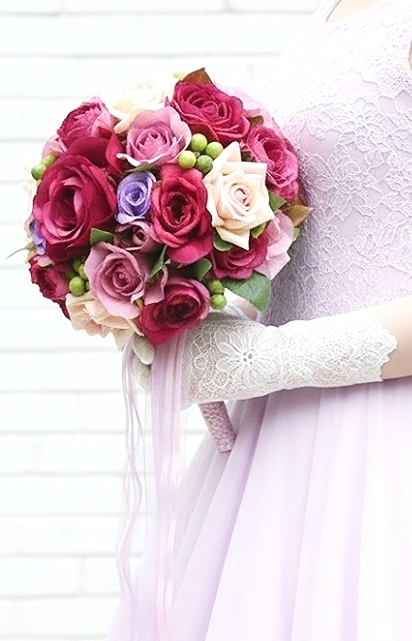 ラウンドブーケ｜バラ｜ピンク×パープル｜華やかブーケ｜造花ウェディングブーケ（アーティフィシャルフラワー）