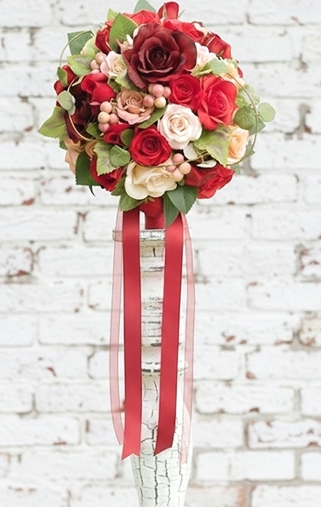 ラウンドブーケ｜バラ｜バーガンディ×赤系｜造花ウェディングブーケ（アーティフィシャルフラワー）