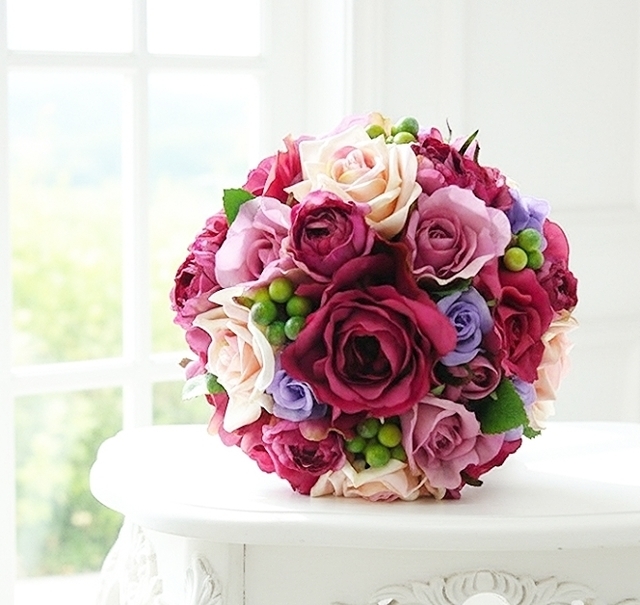 ラウンドブーケ｜バラ｜ピンク×パープル｜華やかブーケ｜造花ウエディングブーケ（アーティフィシャルフラワー）