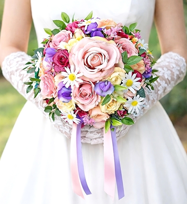 ラウンドブーケ｜バラ×マーガレット｜ピンク×カラフル系｜造花ウェディングブーケ（アーティフィシャルフラワー）