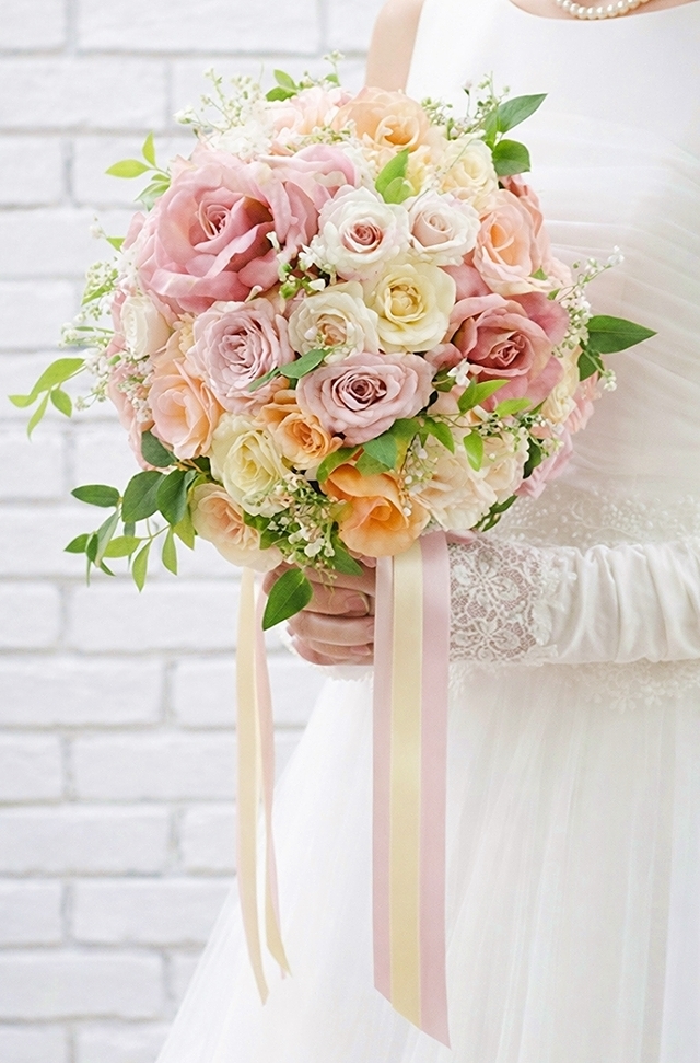 ラウンドブーケ｜バラ｜パステルカラー｜造花ウェディングブーケ（アーティフィシャルフラワー）