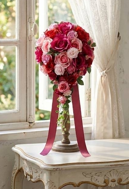 キャスケードブーケ 　薔薇　ピンク＆ローズ系｜造花ウエディングブーケ（アーティフィシャルフラワー）
