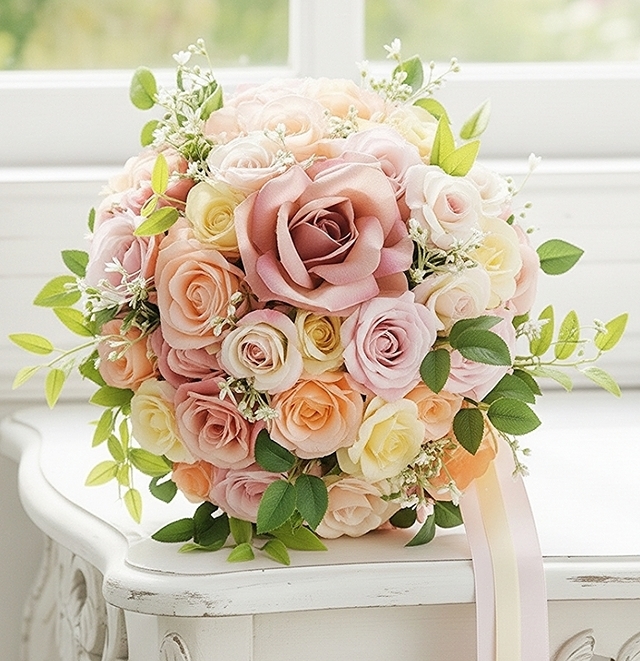 ラウンドブーケ｜バラ｜パステルカラー｜造花ウェディングブーケ（アーティフィシャルフラワー）