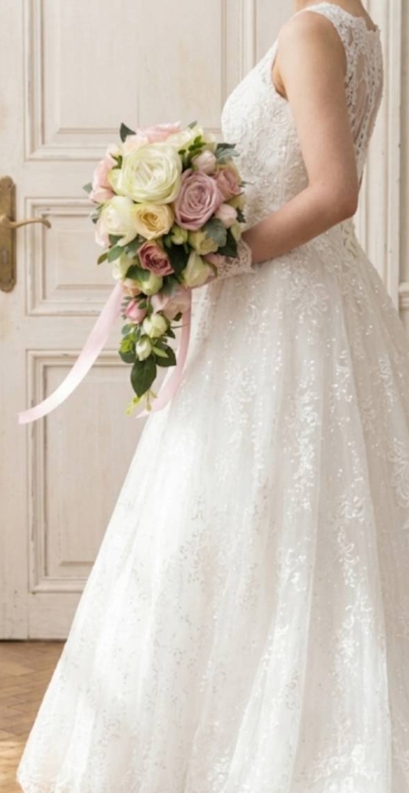 キャスケードブーケ 薔薇　白＆ピンク系｜造花ウェディングブーケ（アーティフィシャルフラワー）