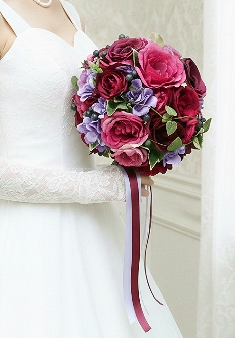 ラウンドブーケ｜バラ｜ワインカラー×パープル｜造花ウェディングブーケ（アーティフィシャルフラワー）