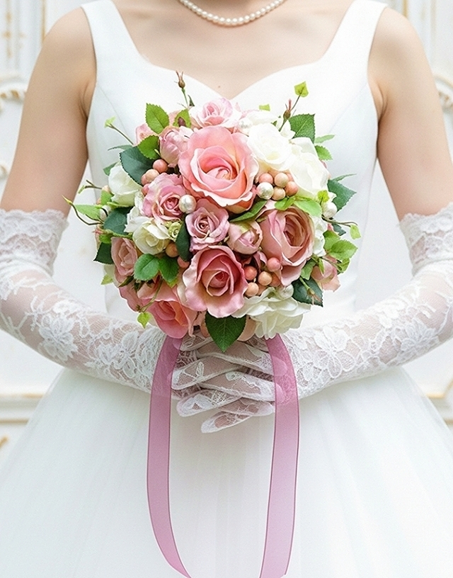 ラウンドブーケ｜バラ｜ピンク×ホワイト系｜造花ウェディングブーケ（アーティフィシャルフラワー）