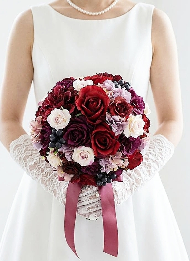 ラウンドブーケ｜  バラ×紫陽花×ダリア｜ 赤系｜大人可愛い│造花 ウェディングブーケ（アーティフィシャルフラワー）