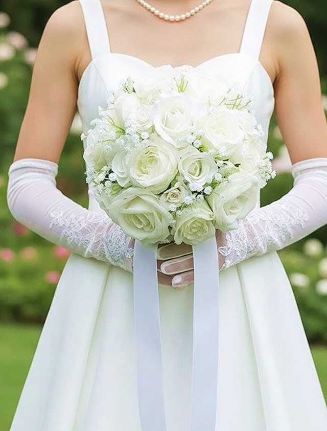 ラウンドブーケ 白バラ 造花ウェディングブーケ｜アーティフィシャルフラワー