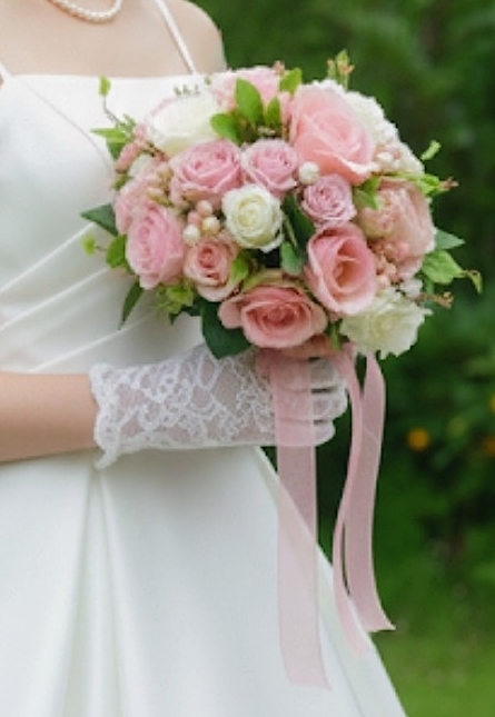 ラウンドブーケ｜バラ｜ピンク×ホワイト系｜造花ウェディングブーケ（アーティフィシャルフラワー）