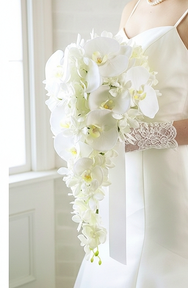 キャスケードブーケ　胡蝶蘭｜造花ウエディングブーケ｜アーティフィシャルフラワー