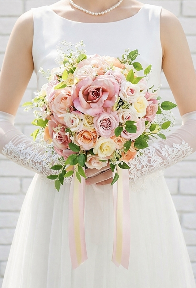 ラウンドブーケ｜バラ｜パステルカラー｜造花ウェディングブーケ（アーティフィシャルフラワー）